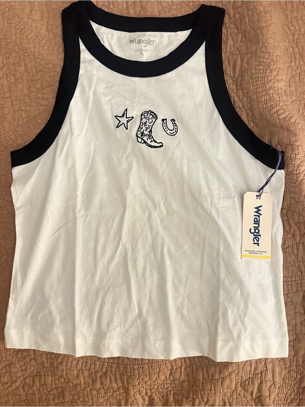 Wrangler White Tank with Black Trim and Western Embroidery